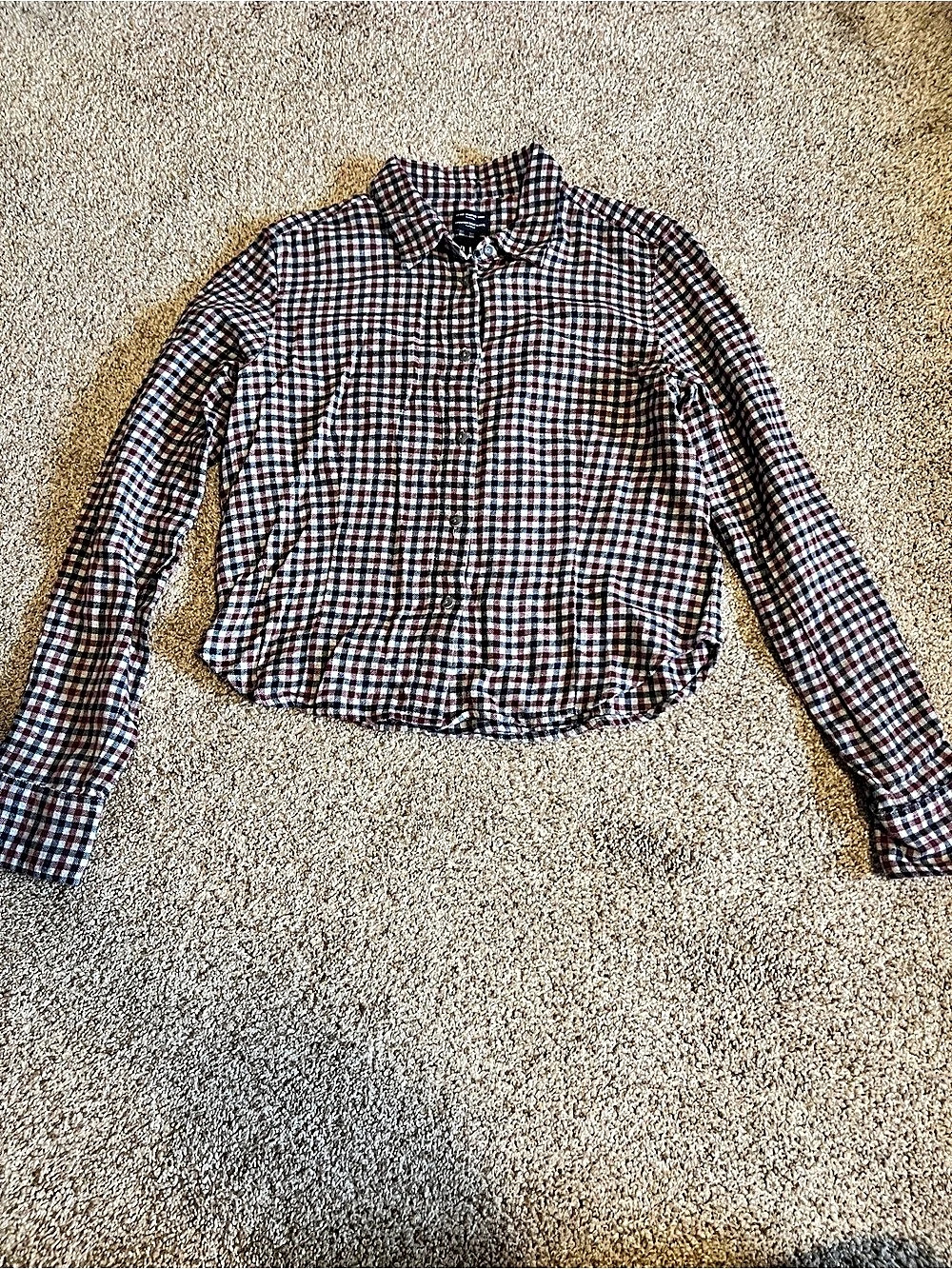 GAP Fitted Cropped Shirt Flannel Plaid Red & Blue Size Small